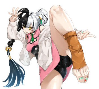 1girl ahoge alternate_costume aqua_nails ass black_hair black_shorts braid braided_twintails breast_cutout breasts cameltoe china_dress chinese_clothes cleavage_cutout clothing_cutout commentary_request dialyn_(zenless_zone_zero) dress eiji_(eiji) feet fighting_stance foot_focus hair_extensions hair_intakes highres jacket leg_up long_hair medium_breasts multicolored_hair multicolored_nails nail_polish open_clothes open_mouth pink_dress red_nails ring_hair_extensions shorts simple_background solo split-color_hair stirrup_footwear toenail_polish toenails toes white_background white_hair white_jacket zenless_zone_zero