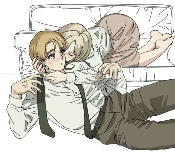 Rule 34 | 1boy, 1girl, annie leonhart, armin arlert, arms around neck, assertive female, barefoot, blonde hair, blush, collared shirt, commentary request, couch, couple, grey neckerchief, grey pants, grey skirt, hand in another's hair, hetero, jangregeilsudo, kiss, kissing cheek, korean commentary, neckerchief, pants, parted bangs, parted lips, shingeki no kyojin, shirt, short hair, sketch, skirt, thick eyebrows, white background, white shirt