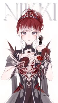 Rule 34 | 1girl, absurdres, aegyo sal, armor, black collar, black dress, breastplate, brown eyes, chinese commentary, closed mouth, collar, collarbone, commentary request, copyright name, cowboy shot, detached collar, dot nose, dress, eyelashes, eyes visible through hair, eyeshadow, feather-trimmed dress, fingernails, frilled arm warmers, gradient hair, hair bun, hand on own chest, happy, high collar, highres, hoeljune21, holding, holding sword, holding weapon, infinity nikki, lace collar, light blush, lips, long sidelocks, makeup, melody bloom (infinity nikki), multicolored hair, nikki (series), off-shoulder dress, off shoulder, official alternate color, pink eyeshadow, red arm warmers, red hair, short hair with long locks, short sleeves, sidelocks, simple background, single hair bun, smile, solo, standing, straight-on, sword, tiara, tsurime, two-tone hair, updo, weapon, white background, white hair