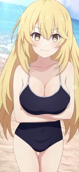 1girl absurdres beach black_one-piece_swimsuit blonde_hair breasts cleavage closed_mouth crossed_arms highres large_breasts looking_at_viewer na-suke ocean one-piece_swimsuit sand school_swimsuit shokuhou_misaki solo star-shaped_pupils star_(symbol) swimsuit symbol-shaped_pupils toaru_kagaku_no_railgun toaru_majutsu_no_index yellow_eyes
