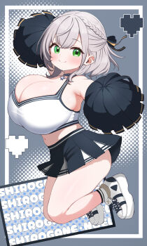 1girl absurdres alternate_costume arm_up armpits black_ribbon black_skirt blush border braid breasts character_name cheerleader choker cleavage closed_mouth crown_braid double-parted_bangs from_side full_body green_eyes grey_background grey_hair hair_ribbon halftone hand_up heart highres holding holding_pom_poms hololive huge_breasts inset_border jumping kani_bonara looking_at_viewer medium_hair midair midriff miniskirt navel pleated_skirt pom_pom_(cheerleading) pom_poms ribbon shirogane_noel shirt shoes sideboob sidelocks skirt sleeveless smile sneakers snowflake_choker socks solo tank_top thighs virtual_youtuber wavy_hair white_border white_shirt white_shoes