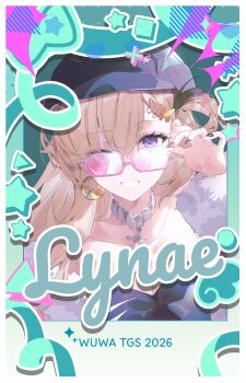 1girl absurdres black_hat black_nails blonde_hair breasts character_name cleavage collarbone commentary_request crescent crescent_earrings earrings fingernails hat highres jewelry long_hair looking_at_viewer looking_over_eyewear lynae_(wuthering_waves) medium_breasts nail_polish official_alternate_costume one_eye_closed pink-tinted_eyewear purple_eyes shigureszku smile solo sunglasses tinted_eyewear upper_body wuthering_waves