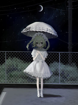 Rule 34 | 1girl, absurdres, chain-link fence, commentary, crescent moon, dress, fence, frilled dress, frilled hairband, frills, hairband, hayu (hayu0305), highres, holding, holding umbrella, long hair, looking at viewer, moon, night, original, outdoors, puffy short sleeves, puffy sleeves, revision, short sleeves, sky, standing, star (sky), starry sky, two side up, umbrella, white dress
