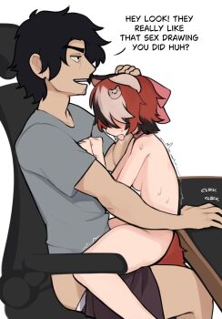 1boy 1girl animal_ears artist_self-insert black_hair blush borrowed_character cat_ears cat_girl cat_hair_ornament cat_tail chair clothed_male_nude_female clothes_pull commentary completely_nude covered_eyes english_commentary english_text facial_hair from_side grey_shirt hair_ornament hair_ribbon hand_on_another's_head hands_on_another's_chest highres ivy_(nyaivie) male_underwear male_underwear_pull multicolored_hair multitasking nude office_chair original pink_ribbon profile red_hair ribbon sex shirt short_sleeves shorts shorts_pull simple_background straddling stubble sweat swivel_chair table tail tongue tongue_out trembling underwear upright_straddle white_background white_hair yoako yoako_(self-insert)