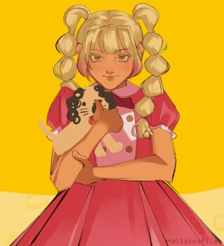Rule 34 | 1girl, animal, blonde hair, blunt bangs, brown eyes, buttons, collared dress, crystal (tomodachi life: living the dream), dark-skinned female, dark skin, dog, dress, eyelashes, gradient hair, gyaru, hair tie, highres, holding, holding animal, long hair, looking at viewer, meltysouffle, multi-tied hair, multicolored hair, neckerchief, pink dress, pink hair, plaid clothes, plaid dress, puffy short sleeves, puffy sleeves, red dress, red neckerchief, sailor collar, short sleeves, tomodachi life, tomodachi life: living the dream, twintails, white sailor collar, yellow background