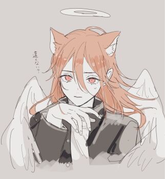 1boy androgynous angel angel_devil_(chainsaw_man) angel_wings animal_ear_fluff animal_ears black_jacket cat_boy cat_ears chainsaw_man collared_jacket commentary_request dot_nose eyelashes floating_hair grey_background halo highres jacket kemonomimi_mode macoshu male_focus nervous_sweating palmar_flexion parted_lips popped_collar red_eyes shirt simple_background sketch solo sweat upper_body white_shirt white_wings wings