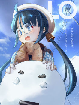 1girl alternate_costume bespectacled black_eyes black_hair blue_jacket blue_sky cloud fyuo glasses hashtag-only_commentary hat highres jacket kaiboukan_no._22_(kancolle) kantai_collection looking_to_the_side low_twintails sky solo translation_request twintails upper_body white_hat