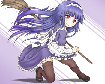 1girl alice_(ragnarok_online) apron black_shoes blunt_bangs blush broom brown_thighhighs closed_mouth commentary_request dress fighting_stance frilled_apron frilled_dress frills full_body haty holding holding_broom long_hair looking_at_viewer maid maid_headdress on_one_knee purple_dress purple_hair ragnarok_online red_eyes shoes smile solo thighhighs white_apron