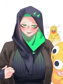 3girls black_hijab black_sweater brown_coat coat eka_(alv4febrian) emoji green_eyes highres hijab hornedoness looking_at_viewer multiple_girls open_clothes open_coat original ribbed_sweater sweater upper_body