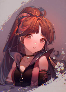 1girl akazutsumi_momoko artist_name bare_shoulders black_bra black_choker blossom_(ppg) blush bra bra_peek breasts brown_eyes brown_hair choker collarbone commentary_request cropped_torso duplicate earrings flower_earrings freckles hair_ribbon head_tilt high_ponytail hyper_blossom jewelry kawacy long_hair looking_at_viewer multicolored_hair parted_bangs parted_lips partially_unzipped pendant pink_hair pink_theme pixel-perfect_duplicate ponytail powerpuff_girls powerpuff_girls_z red_ribbon ribbon sidelocks small_breasts solo streaked_hair underwear upper_body very_long_hair zipper zipper_pull_tab