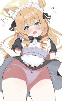 1girl alternate_costume alternate_hairstyle animal_ear_fluff animal_ears apron black_bow black_bowtie black_dress blue_archive blue_eyes blush bow bow_panties bowtie cameltoe cat_ears cat_girl clothes_lift commentary cowboy_shot dress dress_lift drill_hair embarrassed enmaided eyelashes floating_hair flying_sweatdrops frilled_apron frills from_below furrowed_brow gluteal_fold groin hair_between_eyes hair_bow halo highres lace lace-trimmed_panties lace_trim long_hair looking_at_viewer maid maid_apron maid_headdress mari_(blue_archive) nuuuukoame open_mouth orange_hair panties pantyshot short_dress short_sleeves side-tie_panties sidelocks simple_background solo sweatdrop thighs twin_drills underwear wavy_mouth white_apron white_background white_panties wind wind_lift yellow_halo