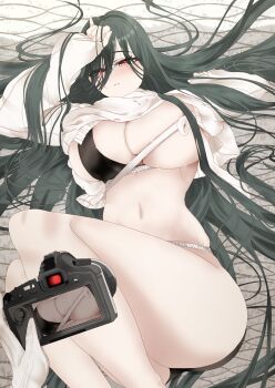 1boy 1girl absurdres amacyoropi0610 azur_lane black_bra black_hair blush bra breasts camera commander_(azur_lane) commentary_request francesco_caracciolo_(azur_lane) francesco_caracciolo_(confession_under_the_spotlight)_(azur_lane) highres holding holding_camera huge_breasts long_bangs long_hair lying navel official_alternate_costume on_back parted_lips partially_undressed red_eyes sweater underwear very_long_hair viewfinder white_sweater