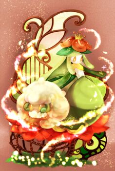 cottonee crown flower gen_5_pokemon highres horns lilligant nintendo no_humans okayu_(pixiv_1215190) orange_eyes plant pokemon pokemon_(creature) smile
