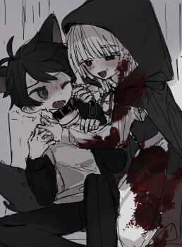 Rule 34 | 2boys, :d, akinashi haru, animal collar, antenna hair, big bad wolf, big bad wolf (cosplay), black hair, black jacket, black pants, blood, blood on clothes, blue eyes, blush, cape, chain, chain leash, chain pull, collar, commentary request, cosplay, crossdressing, dress, fang, gloom (expression), hand on another's shoulder, highres, hood, hood up, hooded cape, jacket, leash, little red riding hood (fairy tale character), little red riding hood (fairy tale character) (cosplay), male focus, multiple boys, open mouth, osakanadream, pants, saihate eki, shirt, short hair, sitting, smile, tail, tatsunami shion, white shirt, wince, wolf boy, wolf tail