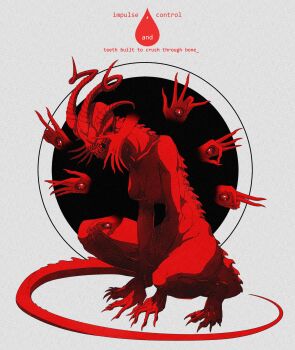 1girl breasts claws commentary curled_horns english_commentary english_text extra_hands extra_horns fingernails highres horns juniper_(artist) no_eyes nude original partially_colored sharp_fingernails sharp_teeth solo spiked_spine squatting tail teeth too_many_hands