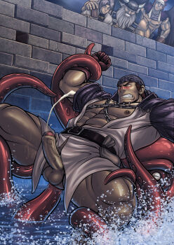 bara brown_hair censored chain cum highres male_focus muscular octopus_tentacles penis tentacles tentacles_on_male watching water yaoi