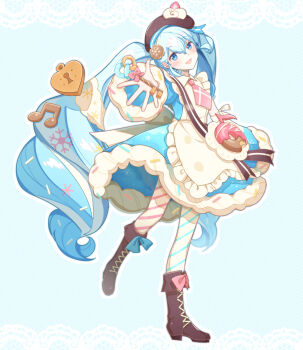 Rule 34 | 1girl, agonasubi, aqua background, asymmetrical legwear, blue bow, blue dress, blue eyes, blue hair, blue pantyhose, boots, bow, brown boots, brown hat, commentary request, cookie hair ornament, diagonal-striped pantyhose, double-parted bangs, dress, food-themed hair ornament, footwear bow, hair between eyes, hair ornament, hat, hatsune miku, highres, holding, holding key, key, long hair, long sleeves, looking at viewer, mismatched legwear, musical note-themed food, necktie, open mouth, pantyhose, pink bow, pink necktie, pink pantyhose, simple background, smile, solo, striped clothes, striped pantyhose, vocaloid, wide sleeves, yuki miku, yuki miku (2026)