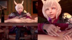 1boy 1girl 3d age_difference alcohol animal_ears animated armor black_legwear clothed_female_nude_male crossed_legs cup drinking_glass facial_mark final_fantasy final_fantasy_xiv foreskin handjob hetero indoors lying miqo&#039;te nude on_table penis phimosis short_hair shota sitting sound table tagme uncensored video white_eyes white_hair wine wine_glass y&#039;shtola_rhul yellowbea