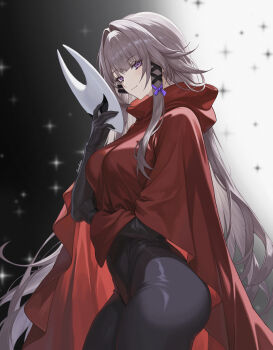 1girl absurdres alternate_costume arm_across_waist artist_name black_background black_bodysuit bodysuit breasts brown_hair cloak closed_mouth commentary cosplay cowboy_shot english_commentary from_side hair_intakes hair_ribbon hand_up herta_(honkai:_star_rail) highres holding holding_mask hollow_knight hollow_knight:_silksong honkai:_star_rail honkai_(series) horned_mask hornet_(hollow_knight) hornet_(hollow_knight)_(cosplay) large_breasts long_hair long_sidelocks looking_at_viewer mask purple_eyes red_cloak ribbon sidelocks simple_background smile solo sunshine_(6_s.u.n.s.h.i.n.e_9) the_herta_(honkai:_star_rail) two-tone_background very_long_hair white_background white_mask