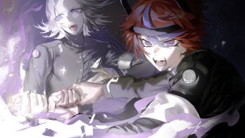 2boys absurdres aotsuki_eito armband black_jacket black_streaks blue_eyes chinese_commentary commentary_request dark_background fire gakuran glasses gloves grey_hair headgear highres holding holding_sword holding_weapon jacket last_defense_academy_school_uniform male_focus multicolored_hair multiple_boys open_mouth purple_eyes purple_fire red_hair scene_reference school_uniform short_hair shouting streaked_hair sumino_takumi sword the_hundred_line_-last_defense_academy- weapon white_armband white_gloves yuzhoufeitian