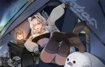 Rule 34 | 1girl, ;o, animal ears, arknights, arm up, aurora, aurora (arknights), bear ears, bear girl, black gloves, black hairband, black sports bra, black thighhighs, boots, breasts, commentary, cropped jacket, english commentary, extra ears, feet, foot focus, full body, gloves, grey boots, grey hair, hairband, highres, jacket, lantern, large breasts, legs, legs up, long hair, midriff, mizukiyan, name connection, night, no shoes, one eye closed, outdoors, puffy nipples, seal (animal), shoes, soles, solo, sports bra, tent, thighhighs, thighs, unworn shoes, white jacket, yawning