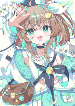 1girl :d animal_ear_fluff animal_ears aramedraw arm_up bag bare_shoulders black_choker blue_neckerchief blush brown_hair cat cat_ears cat_girl cat_hair_ornament choker commentary_request green_jacket hair_ornament hair_ribbon highres jacket long_sleeves looking_at_viewer multicolored_hair neckerchief off_shoulder open_clothes open_jacket open_mouth original ribbon sailor_collar shirt short_hair sleeveless sleeveless_shirt smile solo two-tone_hair upper_body white_ribbon white_sailor_collar white_shirt