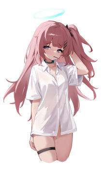 1girl absurdres ambriel_(arknights) aqua_halo arknights boki-jg breasts cleft_of_venus collarbone collared_shirt cowboy_shot food food_in_mouth groin halo hand_on_own_head hand_up head_tilt highres infection_monitor_(arknights) long_hair looking_at_viewer medium_breasts mouth_hold pink_hair pink_nails pocky pocky_in_mouth purple_eyes pussy shirt short_sleeves side_ponytail simple_background solo sweat thigh_gap thigh_strap thighs traditional_halo white_background white_shirt