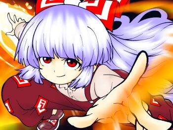 1girl blunt_bangs bow dynamic_pose edwardmidori fire fujiwara_no_mokou hair_bow long_hair long_sleeves ofuda ofuda_on_clothes pants purple_hair pyrokinesis red_eyes red_pants red_shoes shirt shoes smirk solo suspender_pants suspenders touhou white_hair white_shirt
