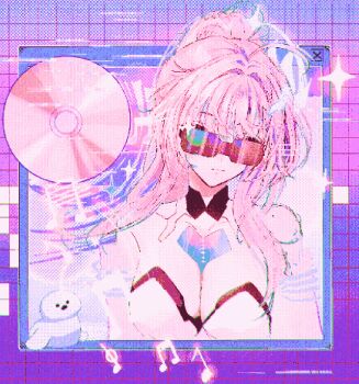 Rule 34 | 1girl, aemeath (wuthering waves), bare shoulders, breasts, cleavage, closed mouth, disc, facing viewer, glint, highres, long hair, medium breasts, mole, mole on shoulder, musical note, pink hair, ponytail, revision, rin0 (gujrv), seal (animal), solo, sunglasses, tacet mark (wuthering waves), upper body, wuthering waves