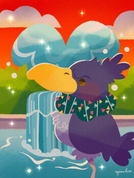 animal_focus bird brown_eyes classicaloid closed_eyes cloud commentary fountain from_side hasshii_(classicaloid) highres no_humans outdoors red_sky shoebill signature sky standing water yatta_kita