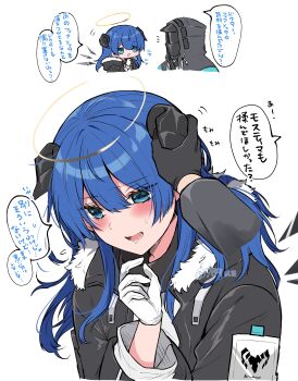 1girl 1other absurdres amesaki_vanilla arknights black_gloves black_horns black_jacket blue_eyes blue_hair blush commentary_request doctor_(arknights) embarrassed fur-trimmed_jacket fur_trim gloves hair_between_eyes halo headpat highres hood hood_up hooded_jacket horns jacket long_hair lower_teeth_only mostima_(arknights) open_mouth simple_background speech_bubble teeth traditional_halo translation_request twitter_username watermark white_background white_gloves yellow_halo