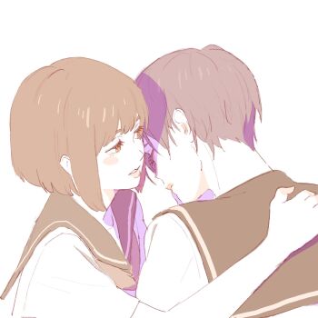 Rule 34 | 2girls, 55bata6rou, black hair, black sailor collar, brown eyes, brown hair, from side, hand on another's back, hibike! euphonium, highres, hisaishi kanade, looking at another, multiple girls, partially colored, sailor collar, school uniform, shirt, short hair, simple background, suzuki mirei, upper body, white background, white shirt