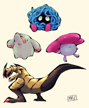 animal_ears beige_background black_eyes chichibu_(watson) claws dragon feet from_behind full_body gen_1_pokemon gen_2_pokemon gen_5_pokemon happy haxorus looking_up nintendo no_humans open_mouth phanpy pokemon pokemon_(creature) pokemon_bw pokemon_gsc pokemon_rgby red_eyes simple_background sitting smile standing tail tangela text_focus translation_request vileplume