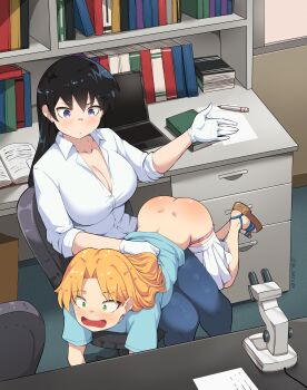 2girls absurdres age_difference arato_nagi ass black_hair blonde_hair blue_shirt blush book bookshelf breasts chair cleavage clothes_pull collarbone collared_shirt commission commissioner_upload computer denim desk dimples_of_venus earrings femdom gloves green_eyes hand_up highres humiliation indoors jeans jewelry jk_arts laptop large_breasts long_hair marker mature_female median_furrow medium_hair microscope multiple_girls non-web_source office_chair open_book open_mouth over_the_knee panties pants panty_pull pen petite pink_panties punishment purple_eyes ruri_no_houseki sandals shirt signature sitting skirt skirt_pull sleeves_rolled_up spanked spanking surprised swivel_chair table tanigawa_ruri underwear white_gloves yuri