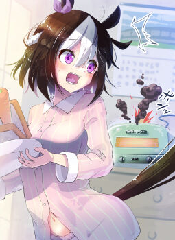 1girl animal_ears blush bow braid bread bread_slice breasts brown_hair commentary_request ear_bow food half_up_braid highres holding holding_plate horse_ears horse_girl horse_tail kawakita_mitsuo long_sleeves medium_breasts multicolored_hair open_mouth pajamas pink_pajamas pink_shirt pink_shorts plate purple_bow purple_eyes shirt short_hair shorts special_week_(umamusume) sweat tail teeth toast toaster two-tone_hair umamusume white_hair