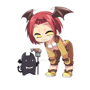 1girl bent_over bra brown_gloves brown_jacket brown_shorts commentary creature demon demon_wings deviruchi english_commentary fake_wings full_body gloves grin head_wings highres ibugz jacket leaning_forward long_sleeves looking_at_viewer ragnarok_online red_hair shoes shorts shrug_(clothing) simple_background smile solo thief_(ragnarok_online) transparent_background underwear white_bra wings yellow_eyes yellow_shoes
