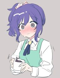 Rule 34 | 1girl, black necktie, blue dress, blush, bow, breasts, coffee, coffee mug, collared shirt, commentary request, cup, dress, flustered, grey background, grey eyes, hair bow, high side ponytail, highres, holding, holding cup, kashii kaoru, long sleeves, looking at viewer, mahjong soul, medium bangs, mug, nanami reina, necktie, nose blush, pinafore dress, pink bow, purple hair, shirt, short hair, simple background, sleeveless, sleeveless dress, small breasts, solo, upper body, white shirt, wide-eyed, yellow brooch