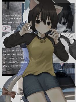 1girl absurdres animal_ears bell black_sleeves blue_skirt blush bow brown_eyes brown_hair cat_ears cat_tail closed_mouth denim denim_skirt english_text hands_up highres long_sleeves looking_at_viewer miniskirt nakahara_misaki neck_bell neex_el nhk_ni_youkoso! raglan_sleeves shirt short_hair skirt solo tail tail_bow tail_ornament two-tone_shirt yellow_shirt