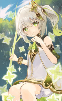 1girl bloomers cloud commentary cowboy_shot day detached_sleeves dress finger_to_mouth genshin_impact gold_trim gradient_hair green_eyes green_hair green_sleeves hair_between_eyes hair_ornament highres long_hair looking_at_viewer multicolored_hair nahida_(genshin_impact) on_swing outdoors side_ponytail sitting sleeveless sleeveless_dress smile solo star-shaped_pupils star_(symbol) swing symbol-shaped_pupils underwear white_bloomers white_dress white_hair yubi_purin