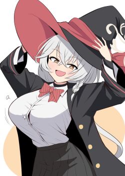 Rule 34 | + +, :d, absurdres, arms up, black hat, black robe, black skirt, blue archive, bow, bowtie, braid, breasts, brown eyes, button gap, collared shirt, commentary, cowboy shot, crossed bangs, diagonal-striped bow, diagonal-striped bowtie, diagonal-striped clothes, dress shirt, eri (blue archive), flying button, grey hair, hair between eyes, halo, hand on headwear, happy, hat, highres, large breasts, long hair, long sleeves, looking at viewer, mendako1208, motion lines, open clothes, open mouth, open robe, pleated skirt, popped button, red bow, red bowtie, robe, school uniform, shirt, simple background, single braid, skirt, smile, striped bow, striped bowtie, striped clothes, v-shaped eyebrows, very long hair, white background, white shirt, wide sleeves, witch, witch hat, yellow halo