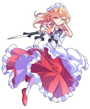 1girl alphes_(style) apron bare_arms black_ribbon blonde_hair breasts closed_mouth collared_dress commentary_request dairi dress frilled_apron frilled_dress frills frown full_body hair_between_eyes hair_intakes large_variant_set leg_up long_hair maid maid_apron maid_headdress palms pantyhose parody puffy_short_sleeves puffy_sleeves red_dress red_shoes ribbon shoes short_sleeves small_breasts smile solo style_parody sword throwing touhou touhou_(pc-98) transparent_background variant_set weapon white_apron white_pantyhose yellow_eyes yumeko_(touhou)
