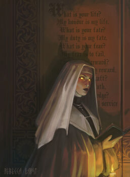 1girl absurdres black_dress book dark_background demon_girl demon_horns dress english_text glowing glowing_eyes highres holding holding_book horns long_sleeves nun original rebeccalarst solo yellow_eyes