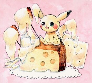 Rule 34 | animal focus, cheese, cheese trail, cheesecake, colored pencil (medium), cracker, food, food focus, full body, gen 1 pokemon, green eyes, heterochromia, napkin, nintendo, no humans, non (kumakawayusu), open mouth, painting (medium), pikachu, pink background, pokemon, pokemon (creature), simple background, sitting, swiss cheese, traditional media, watercolor (medium)