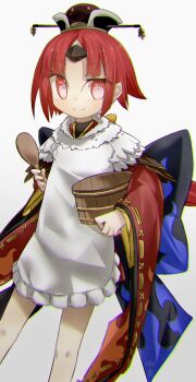 1girl apron beni-enma beni-enma_(first_ascension) bird_hat blush breasts brown_hat fate/grand_order fate_(series) feather_trim hat highres japanese_clothes kimono long_hair long_sleeves looking_at_viewer low_ponytail ohitsu parted_bangs ponytail red_eyes red_hair red_kimono shamoji small_breasts smile solo thighs very_long_hair white_apron wide_sleeves yubeshi_(zecxl)