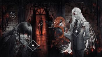 Rule 34 | 4boys, arm behind back, bandages, black gloves, black hair, black sclera, black suit, blood, blood on clothes, blood on face, bloody bandages, candle, chinese commentary, colored sclera, commentary request, east-lan, formal clothes, gloves, grey suit, highres, holding, holding detached head, holding tray, homicipher, indoors, long hair, male focus, mr. chopped, mr. crawling, mr. scarletella, mr. silvair, multiple boys, orange eyes, orange hair, suit, tray, white hair