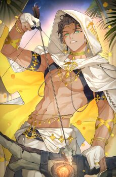 1boy abs alternate_costume bow_(weapon) brown_hair cdgm000 claude_von_riegan dark-skinned_male dark_skin failnaught_(fire_emblem) fire_emblem fire_emblem:_three_houses gold_cape green_eyes highres holding holding_bow_(weapon) holding_weapon looking_at_viewer male_focus navel nintendo short_hair smile solo weapon