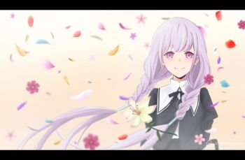 1girl assault_lily ayanyannn black_ribbon black_shirt braid commentary eyelashes flower highres hitotsuyanagi_yuri juliet_sleeves letterboxed long_sleeves looking_at_viewer name_connection object_namesake petals pink_eyes pink_flower puffy_sleeves purple_hair ribbon shirt smile solo twin_braids twitter_username upper_body white_lily wind