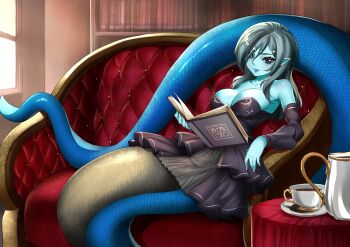 absurdres blue_eyes blue_skin breasts colored_skin highres huge_filesize lamia long_hair monster monster_girl serpent silver_hair snake