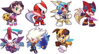 2girls 5boys android antennae armor energy_sword bent_over blonde_hair blue_eyes capcom chibi copy_x_(mega_man) crossed_arms earrings energy_sword eyeshadow facial_mark gloves green_eyes grin hair_ornament hairband helmet honey_woman inti_creates jewelry kin_niku laplace_(mega_man) long_hair looking_back makeup mega_man:_powered_up mega_man_(classic) mega_man_(series) mega_man_9 mega_man_battle_network mega_man_battle_network_(series) mega_man_legends_(series) mega_man_star_force_(series) mega_man_star_force_3 mega_man_zero_(series) mega_man_zero_3 mega_man_zx multiple_boys multiple_girls omega_(mega_man) open_mouth orange_eyes outstretched_arm pantyhose pink_gloves prometheus_(mega_man) protoman.exe prototype_design red_eyes servbot_(mega_man) simple_background smile solo_(mega_man) spiked_hair sword tron_bonne_(mega_man) weapon white_background white_gloves white_hair wings