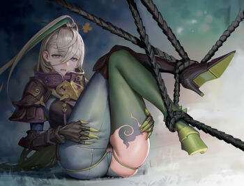 1girl absurdres arecus armor asymmetrical_legwear boots fate/grand_order fate_(series) gauntlets grabbing_own_thigh grey_hair hair_ornament hairpin high_collar high_heel_boots high_heels highres hooves huyan_zhuo_(fate) huyan_zhuo_(second_ascension)_(fate) legs_up long_hair pauldrons purple_eyes shoulder_armor skindentation thighs